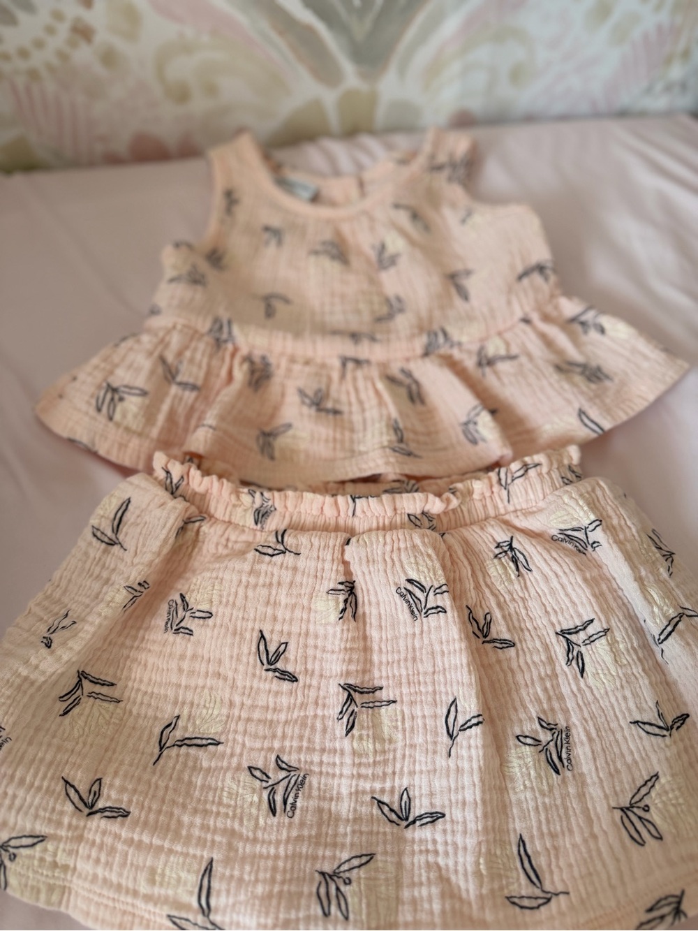 Girls' Light Pink Printed Two-Piece Dress Set